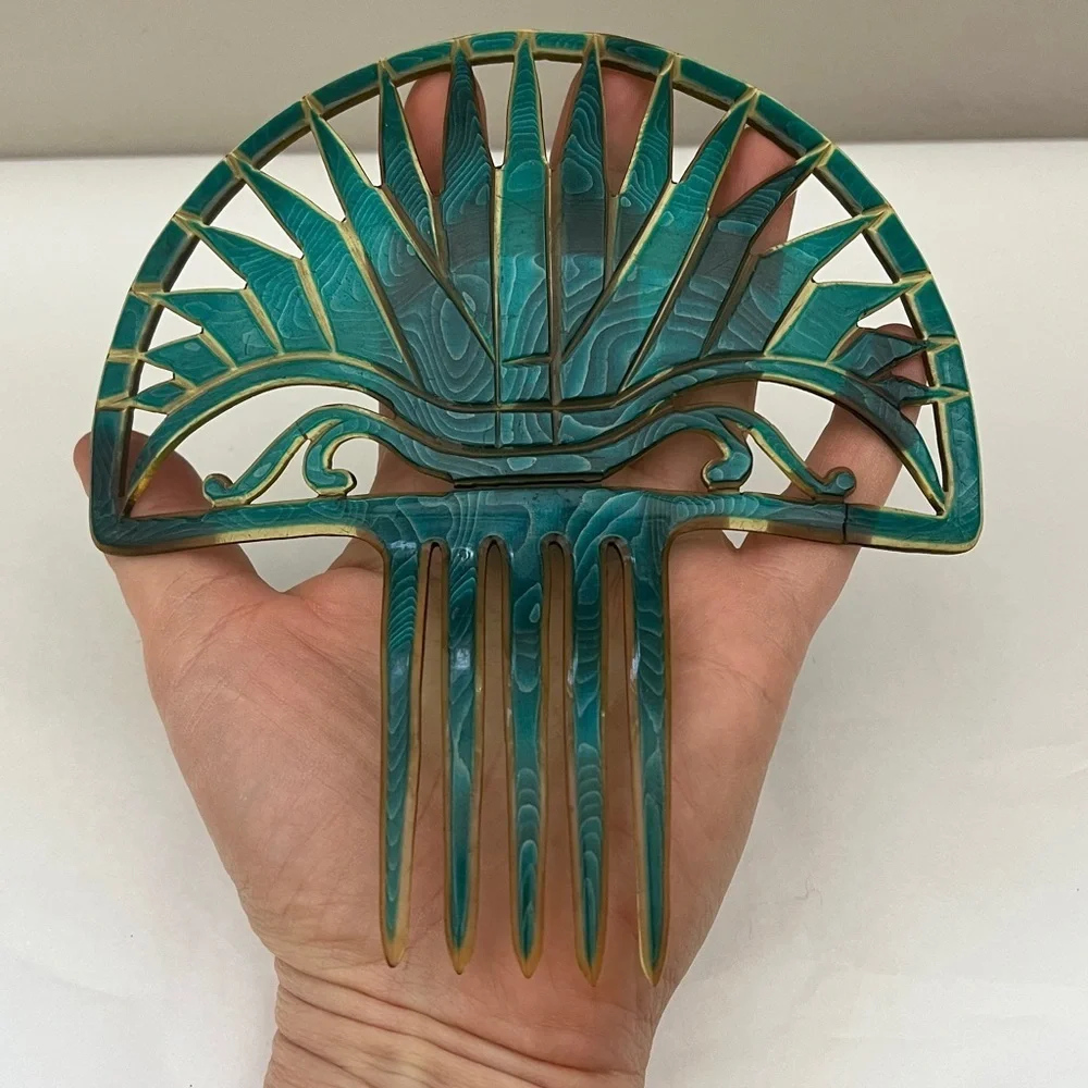 Art Deco Jade Green Color Celluloid High Tall Hair Comb